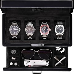 4-Slot Piano Black Watch Box with Valet Drawer – Premium Piano Black / Black