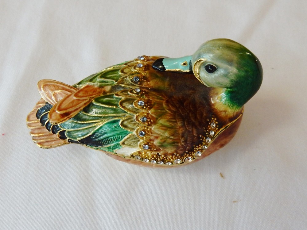 Mallard Duck Jeweled Enamel Trinket Box, hand-painted, Austrian crystals