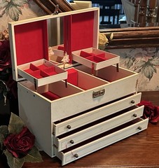Vintage Musical Jewelry Box W/Multi Drawers & Spin Ballerina; Ivory/Red Velvet