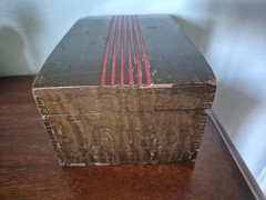 Vintage Wood Jewelry box with red handle and red engraved stripes
