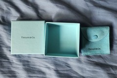 empty Tiffany & Co. 3″ x 3″ x 1.375″ blue gift box plus travel pouch