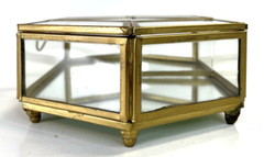 Glass & Brass Box Vintage Beveled Mirrored Bottom Footed W/Hinged Lid