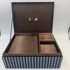 Avon Jewelry Box Navy Blue Pinstripe Brown Satin Lining Removable Tray Organizer