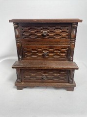 Vintage Kellerman Wooden Music Jewelry Box 3 Drawer Step-Back Carved Design