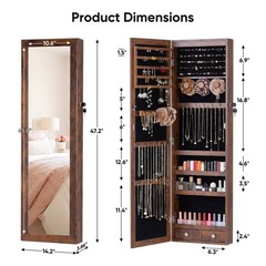 JHK Full Length Mirror Jewelry Cabinet w/ 6 LED Lights,Wall Mounted/Door Hanging