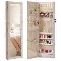 JHK Full Length Mirror Jewelry Cabinet w/ 6 LED Lights,Wall Mounted/Door Hanging
