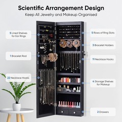 JHK Full Length Mirror Jewelry Cabinet w/ 6 LED Lights,Wall Mounted/Door Hanging