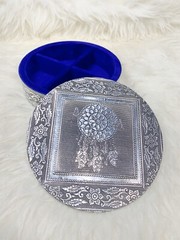 Silver Velour Jewelry Box Round Indigo Ornate Trinket Metal Dreamcatcher Native