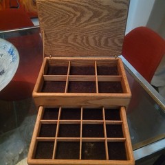 Vintage American Craftsman Oak Walnut Inlay Jewelry Box with a Drawer 1970s