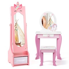 Kids Vanity Set Princess Makeup Dressing Table and Chair Set w/ Jewelry Armoire