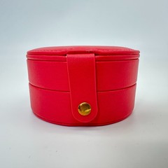 NEW-Red Round Travel Jewelry Box Faux Leather Double Layer Mirror Snap Closure