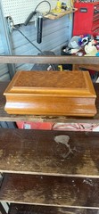 Brown Wood Jewelry Box w/ Hinged Lid Mirror Tray Insert, Lined Ring Compartments
