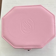 Swarovski Pink Octagon Faux Leather Jewelry Box, Velvet Lined Mirror, 5 Rings