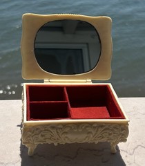 Vintage Victorian Celluloid Jewelry Box Faux Ivory With Mirror & Red Lining ~