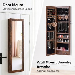 JHK Full Length Mirror Jewelry Cabinet w/ 6 LED Lights,Wall Mounted/Door Hanging