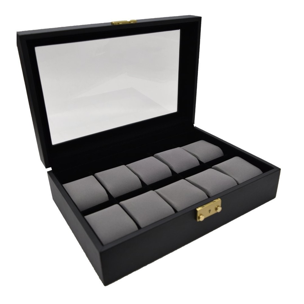 Novel Box Black Leatherette Glass Top 10 Watch Jewelry Display Case With Lock