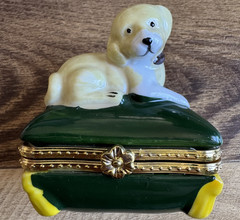Beige White Porcelain Dog Green Pillow Trinket Ring Jewelry or Pill Box
