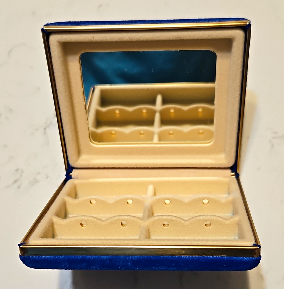 Blue Velvet Jewelry Box w/ Mirror, Lined Insert, Holds 6 Pairs Earrings