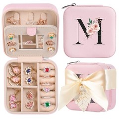 Travel Jewelry Box for Women and Girls – Small Case With Initial A-Z – M pink