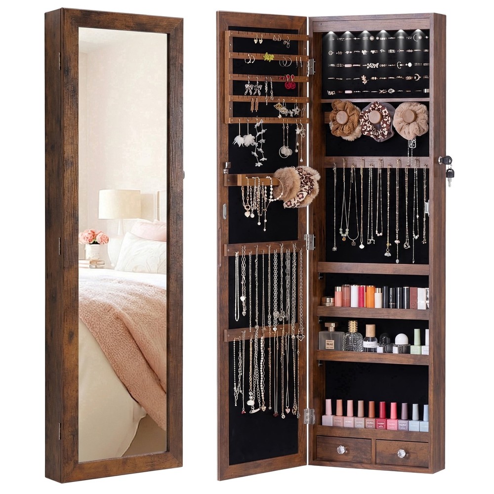 JHK Full Length Mirror Jewelry Cabinet w/ 6 LED Lights,Wall Mounted/Door Hanging