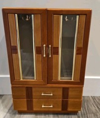 MCM Vintage Wooden Jewelry Box Armoire Maple Inlay Velvet Interior Boho 16.5”