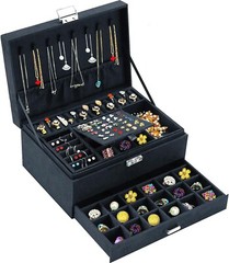 Jewelry Organizer Box for Women Men,Black Velvet Jewelry Box 3 Layer Large Jewel