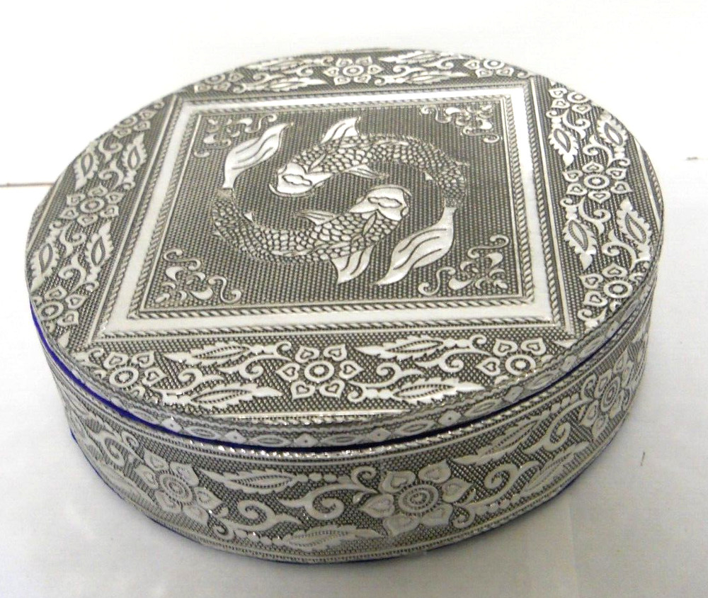 New Handicraft Aluminum & Blue Velvet Koi Fish Jewelry Trinket Box Embossed