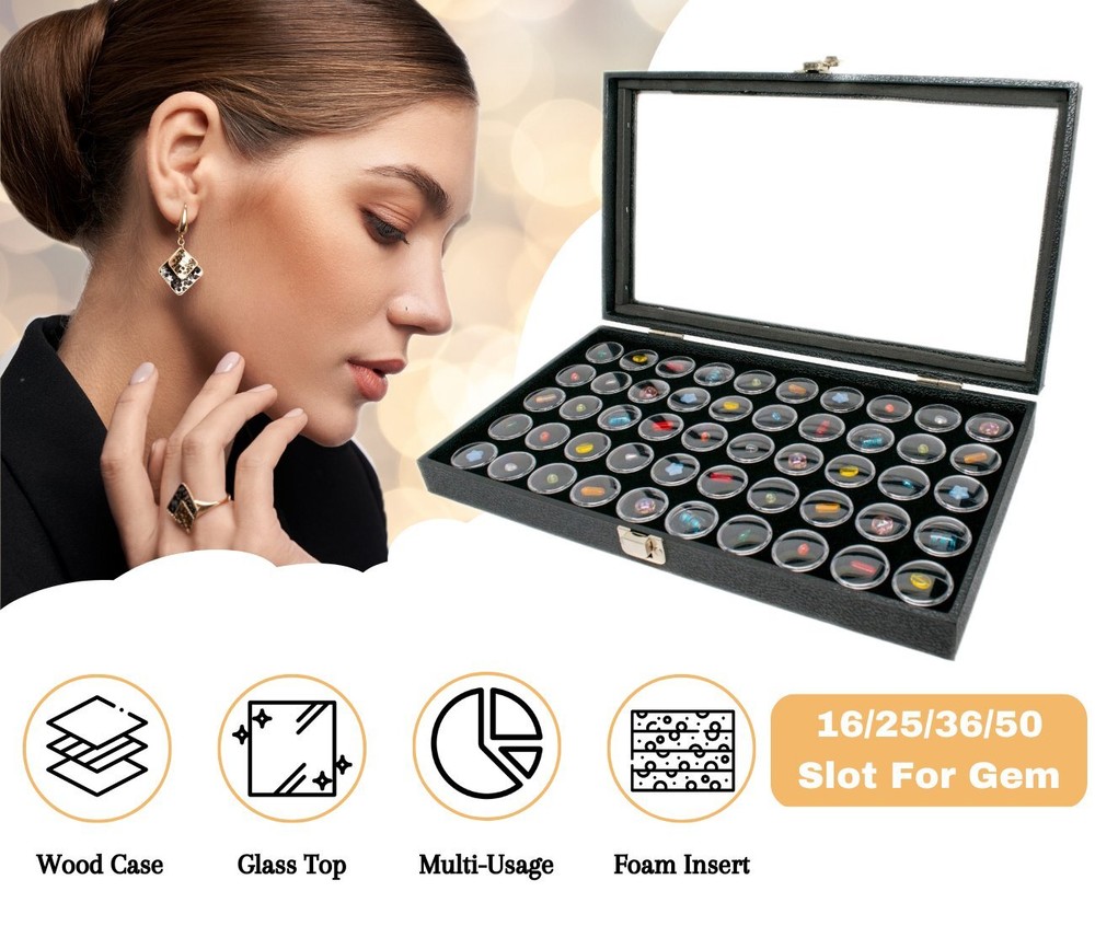 Novel Box Glass Top Black Jewelry Gemstone Display Case With Gem Jar Tray Insert
