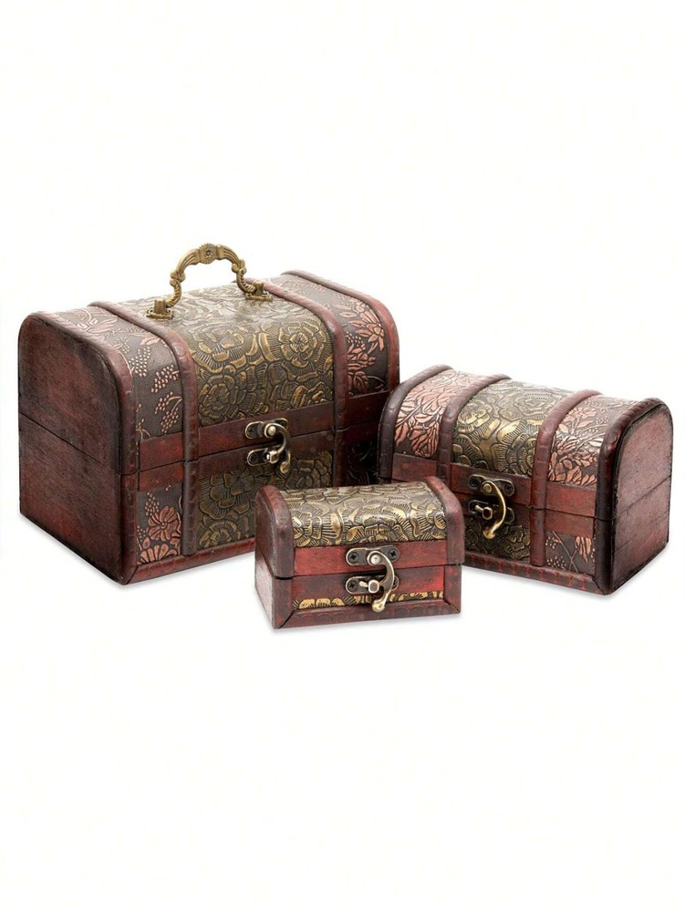 New 3Pc Vintage Wooden Treasure Chest Box Jewelry Storage Retro Antique Charming