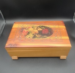 Cedar Jewelry Box Lithograph Picture Top Floral Roses Trinket Vintage AS IS