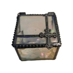 Vintage Glass Rosary Box Handmade Iridescent Art Glass with Cross J. Devlin 2″