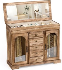 Jewelry Box for Women Girls, Rustic Wooden Jewelry Organizer Box with Mirror