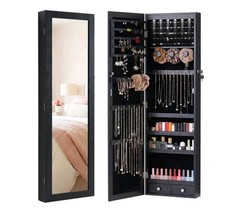 Full Length Mirror Jewelry Cabinet with 6 LED Lights, Wall Door Mounted Organiz
