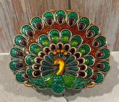 Peacock Enamel Intricate Metal Mirrored Hinged Topped jewelry Box Beautiful
