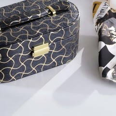 9.5″ Long Leather Jewelry Organizer Case with Mirror, Gold Swirl Pattern, Black
