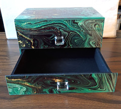 ~ Glass Jewelry Box Green & Gold Agate Swirl Pattern ~ 1 Drawer ~ Hinged Lid ~