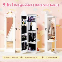 3 In 1 Kids Jewelry Cabinet w/3-Color Lighted Full Length Mirror, Clothes Rack