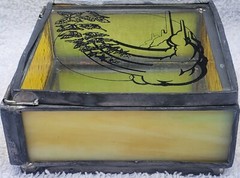 Vtg Stained Yellow Green Swirl Glass Jewelry Trinket Box Flying Butterfly Image
