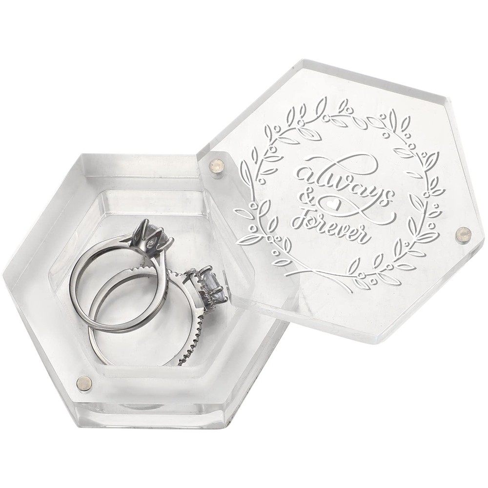 Clear Hexagon Acrylic Wedding Ring – Romantic Engraved Bearer Holder for Cere…