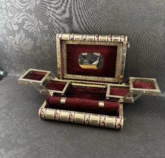 Vintage 1970 Silver Red Velvet Metal Jewelry Box Mirror, Multi-Compartment