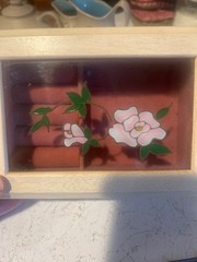 Vintage Wood MELE Jewelry Box With Lid Hinged Pink Flower White Lining Octagon