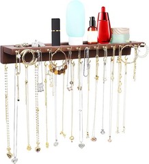 Wall Necklace Organizer with 30 Hooks Jewelry Holder Shelf Wood