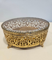 Vintage Oval Brass Filigree Jewelry Trinket Box w Glass Lid & 4 Legs Retro