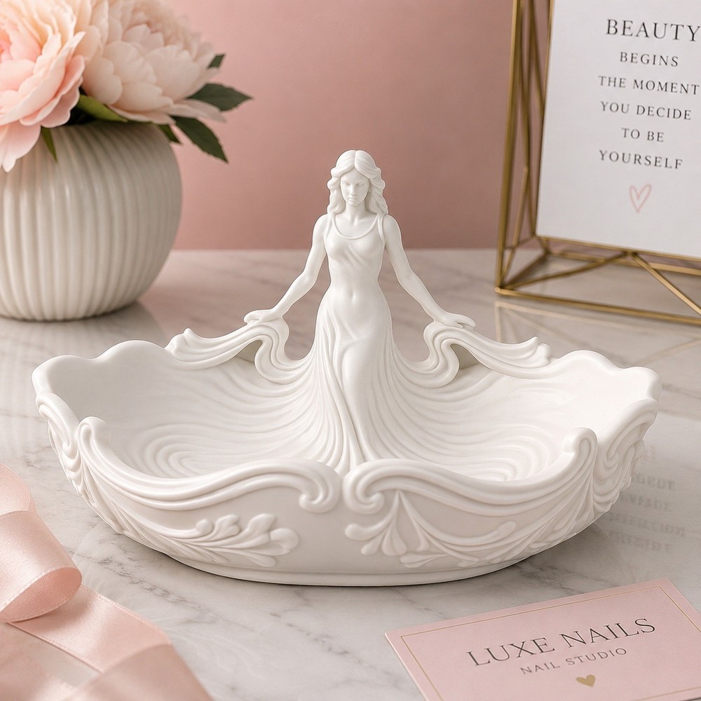 Art Nouveau Style Lady Figurine White Plastic Vanity Bowl Jewelry Trinket Dish