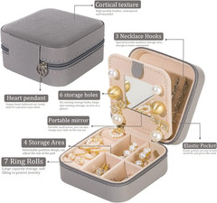Small Travel Jewelry Organizer Box with Mirror, Portable Jewelry Case (Grey)