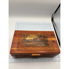Vintage Cedar Wood Jewelry Box Carved Floral Landscape Mirror Red Lining
