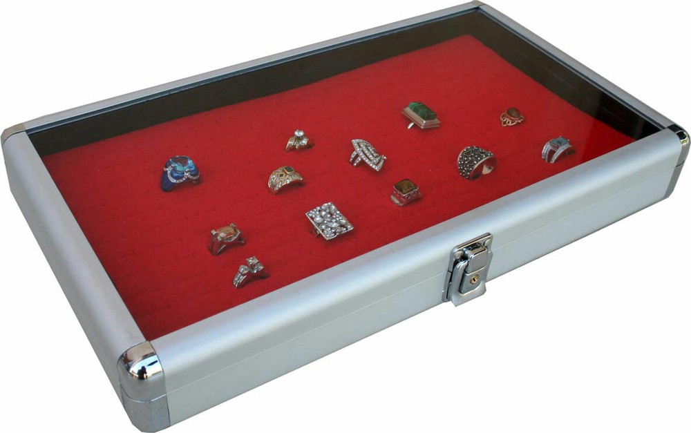 144 ALUMINUM RING CASE BOX DISPLAY WITH RED INSERT Jewelry