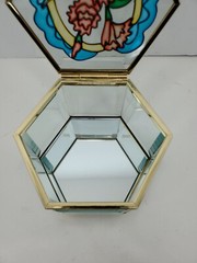 Vtg Hexagon Floral Brass Trinket Jewelry Box Stained Glass Mirrored Pink & Blue