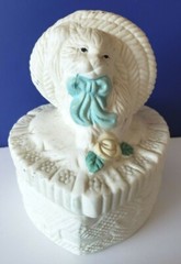 White Porcelain Cat with Bonnet and Blue-Ribbon Heart Jewelry Box