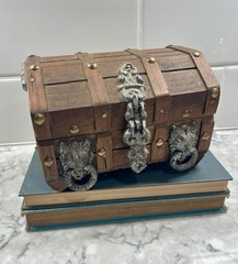 VTG Wooden Treasure Trinket Chest Box Gothic Style W/Metal Lion Heads 4.5×6”